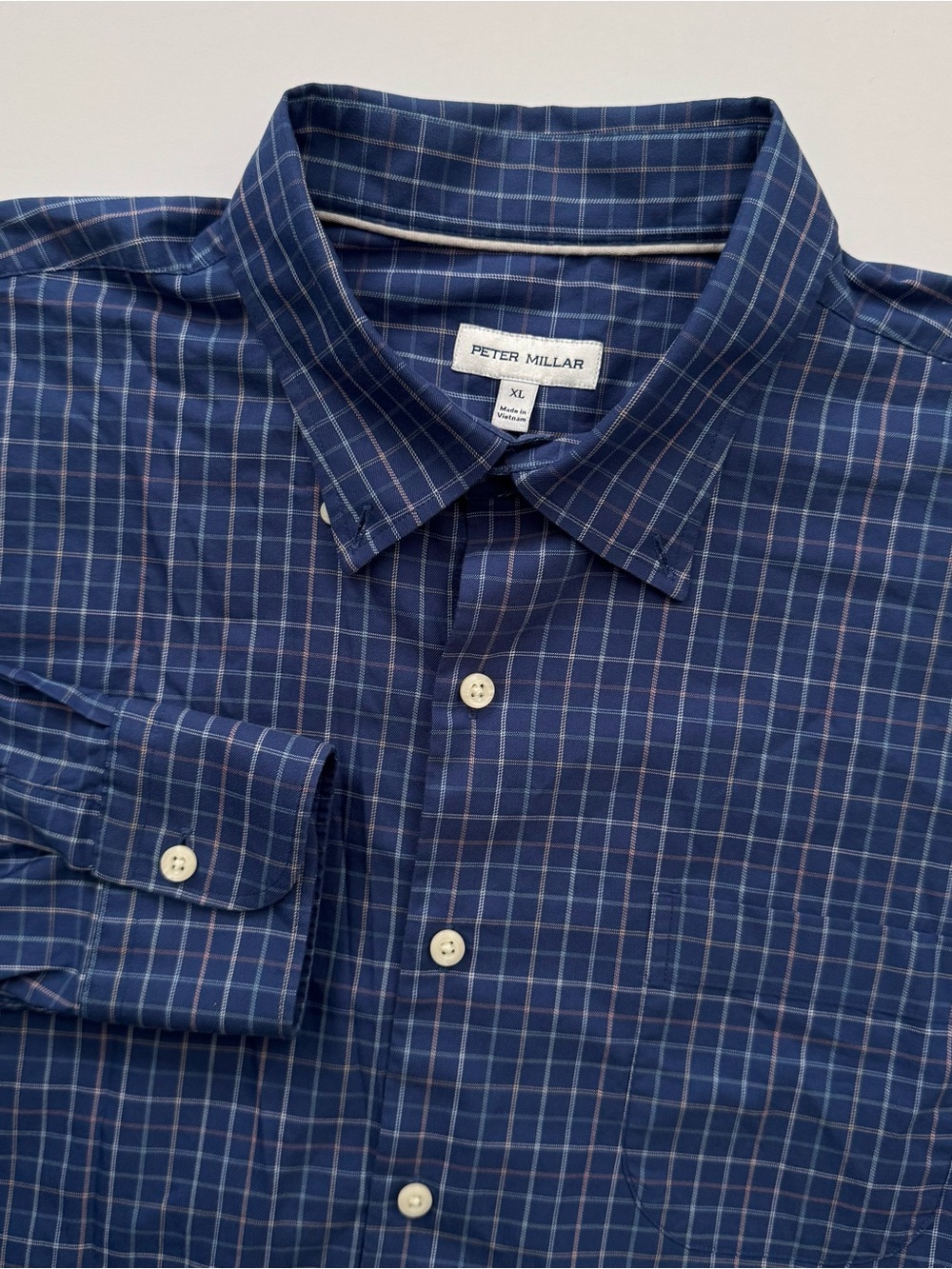 Peter Millar Blue Plaid Long Sleeve Button Up Shirt size XL Preppy Casual